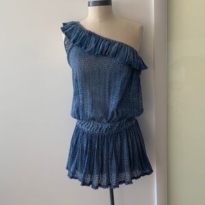 Sunday St Tropez Denim Blue Embroidered One-Shoulder Ruffle Dress, size U